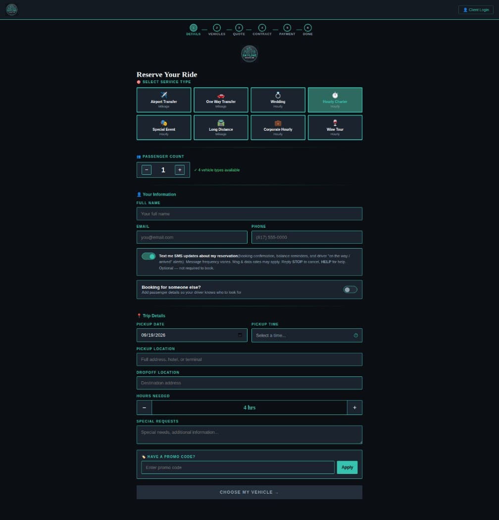 The ZDT Booking customer booking page, showing service types, passenger count and trip details
