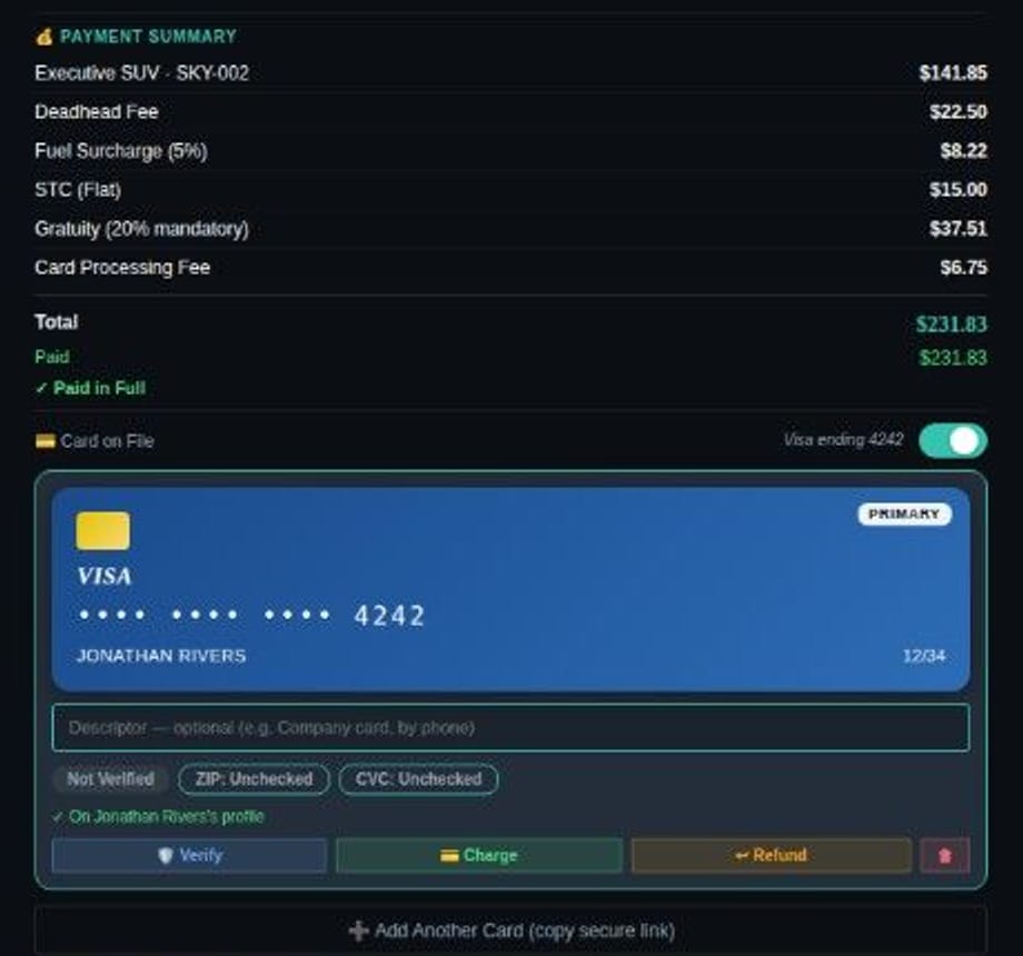 A booking payment summary with itemised charges, paid-in-full status and a card on file
